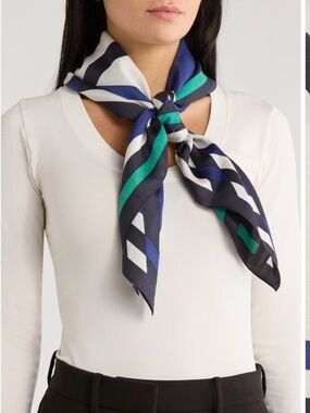 BCBG Striped Silk Scarf in Navy, White & Teal